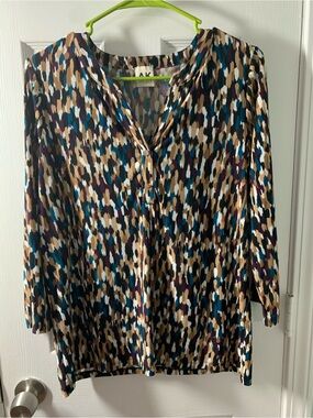 Anne Klein Multi-Color Abstract V-Neck Blouse- Teal, Tan, Purple, Black, White